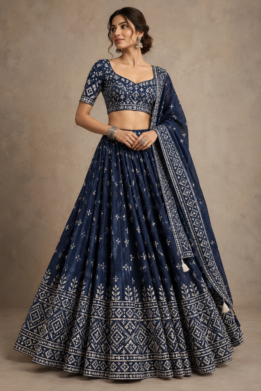 indigo ghaghra with white geometric embroidery
