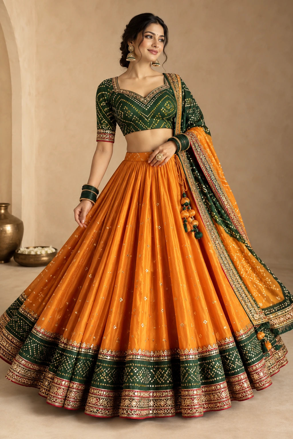 saffron circular chaniya with green bandhani choli