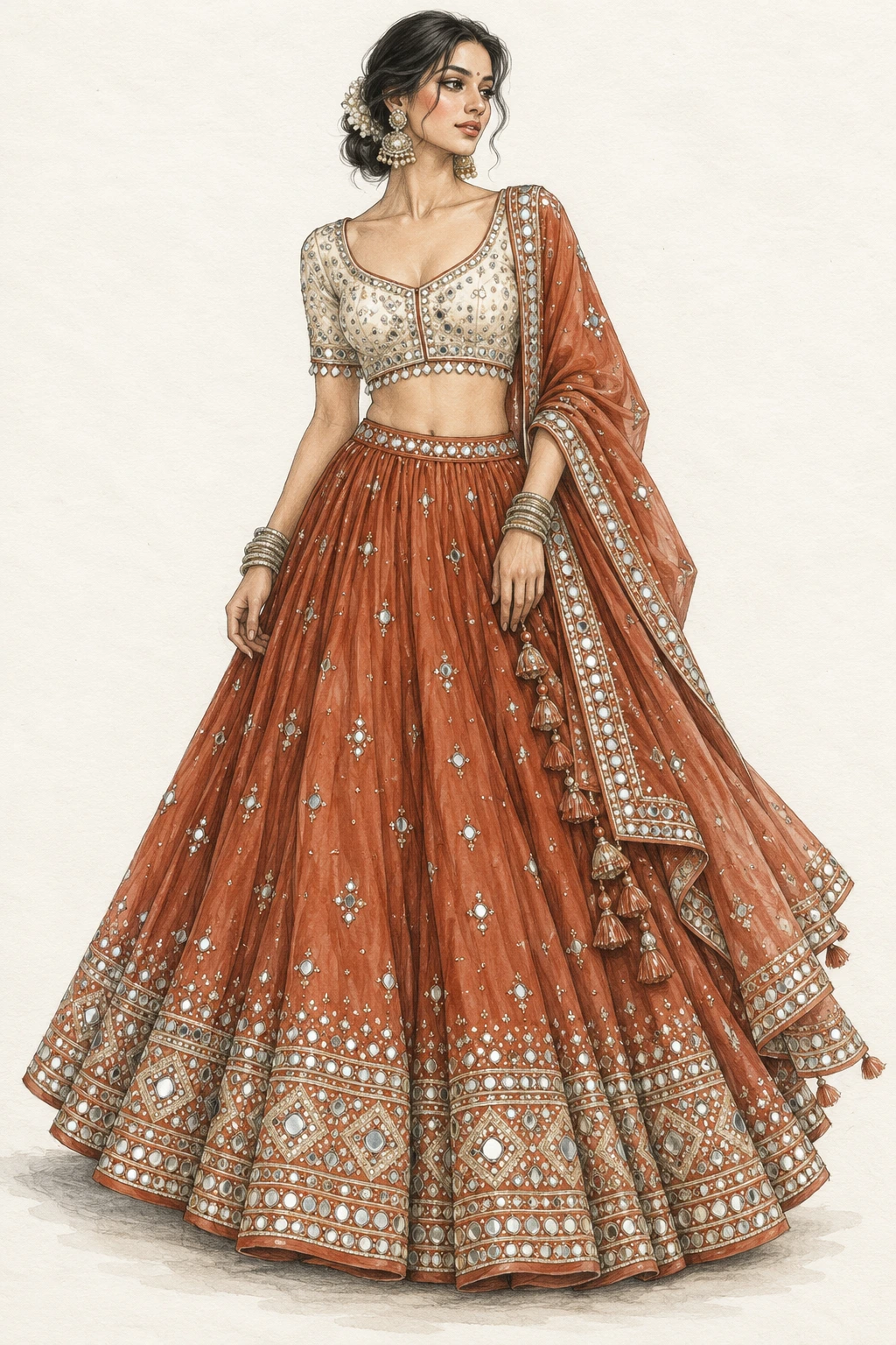 terracotta chaniya with ivory mirrorwork choli