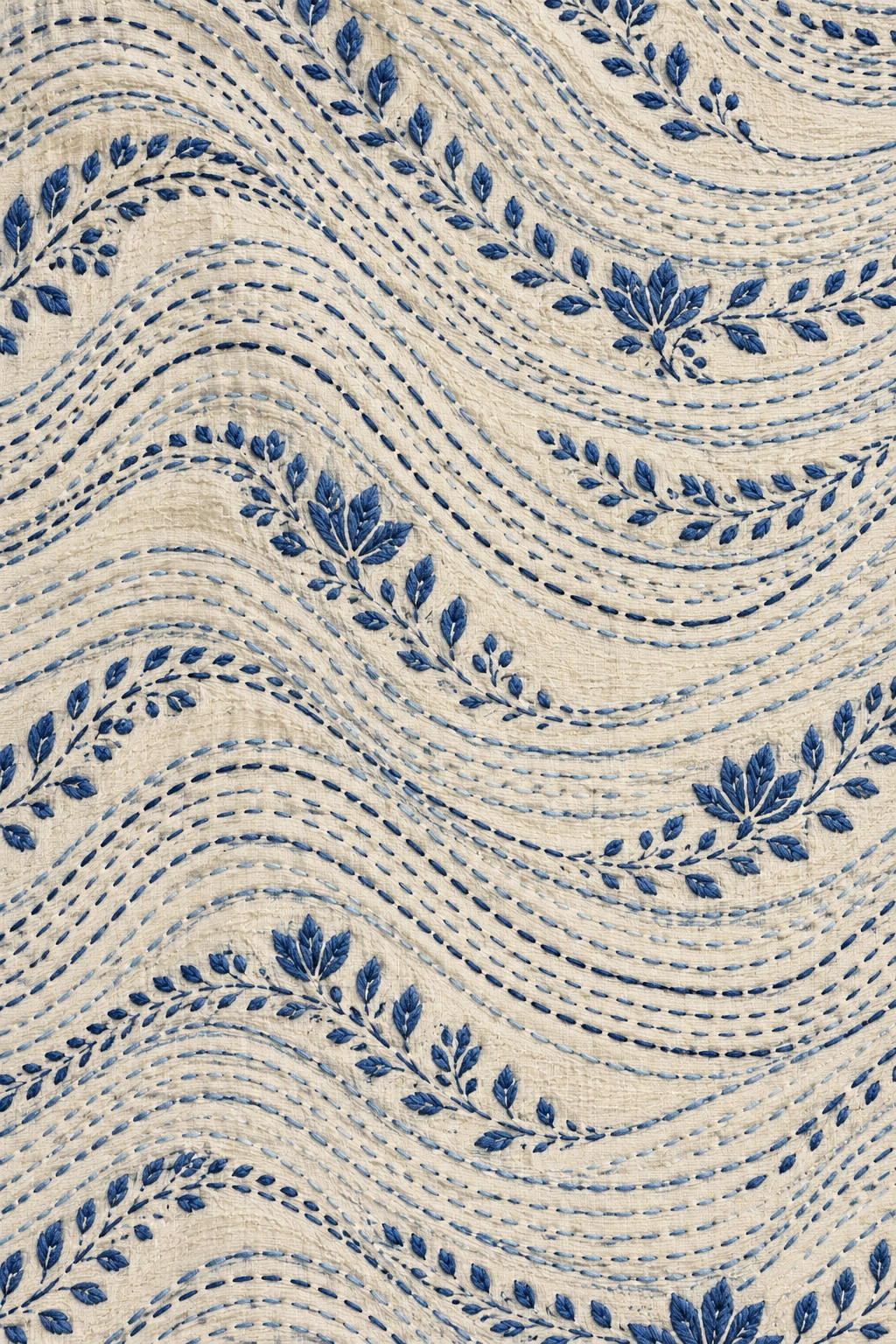 blue kantha running-stitch ripples on ivory Indian textile