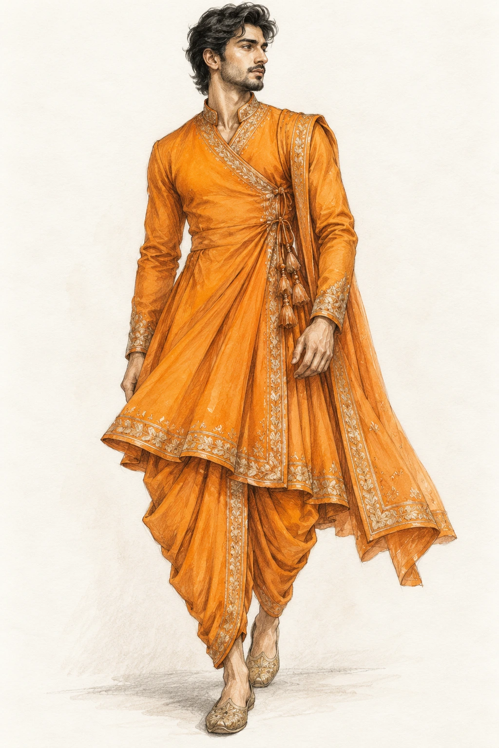 hand-sketch-style saffron Indian angarkha and dhoti design