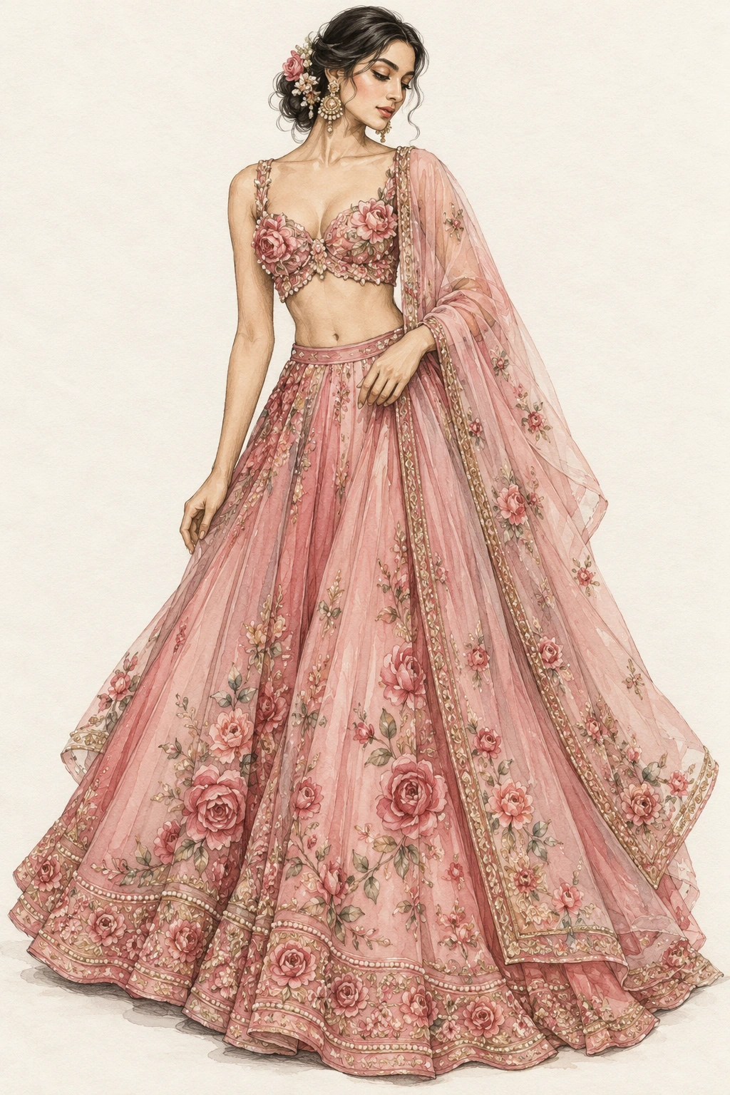 hand-sketch-style rose saree and sculpted choli design