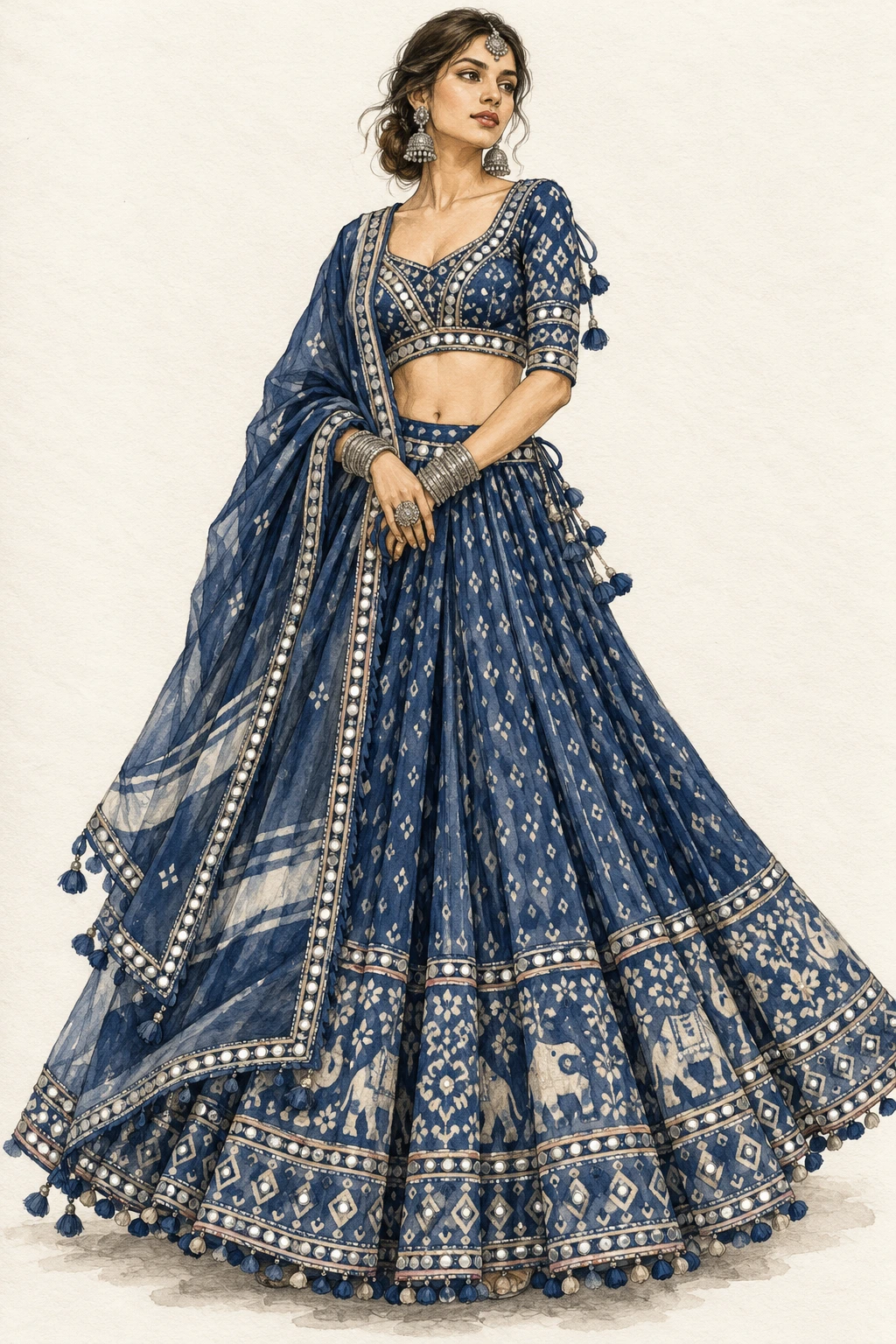 hand-sketch-style indigo Gujarati chaniya choli design