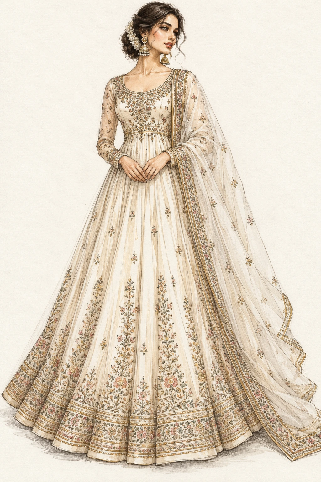hand-sketch-style ivory Indian anarkali design