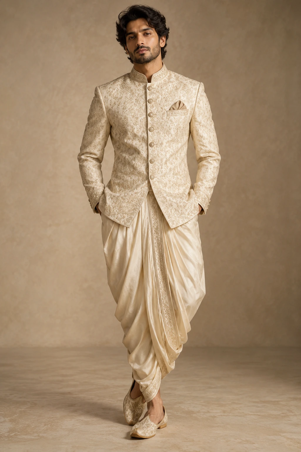 Indian ivory bandhgala with draped dhoti trousers
