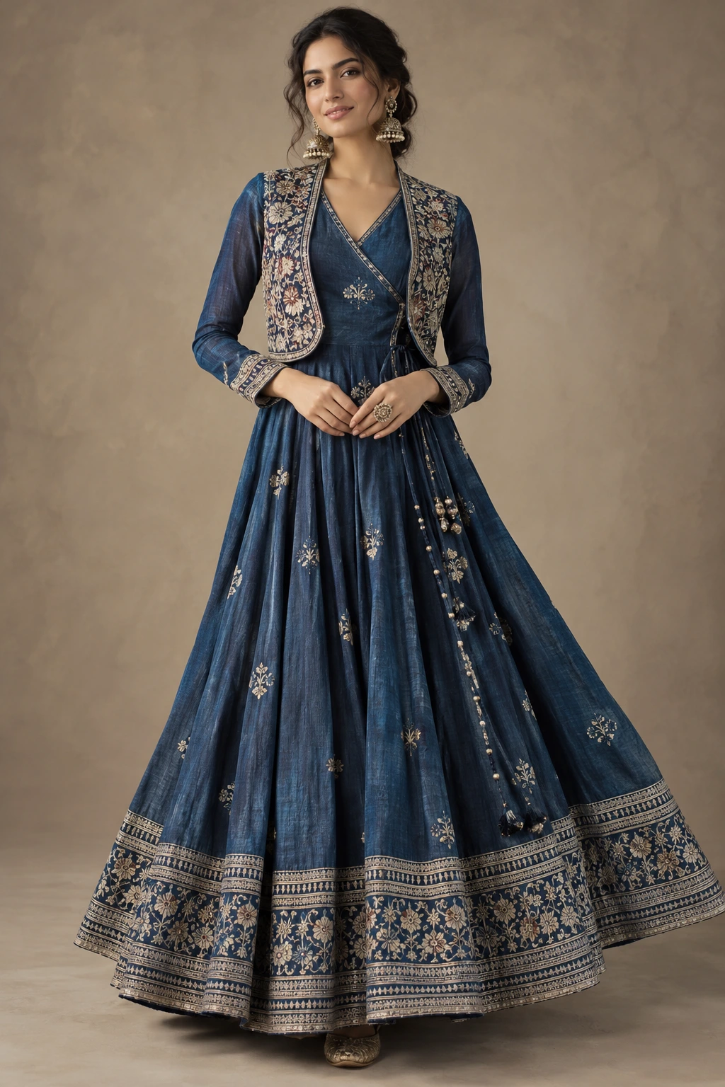 Indian indigo angarkha with cropped embroidered jacket