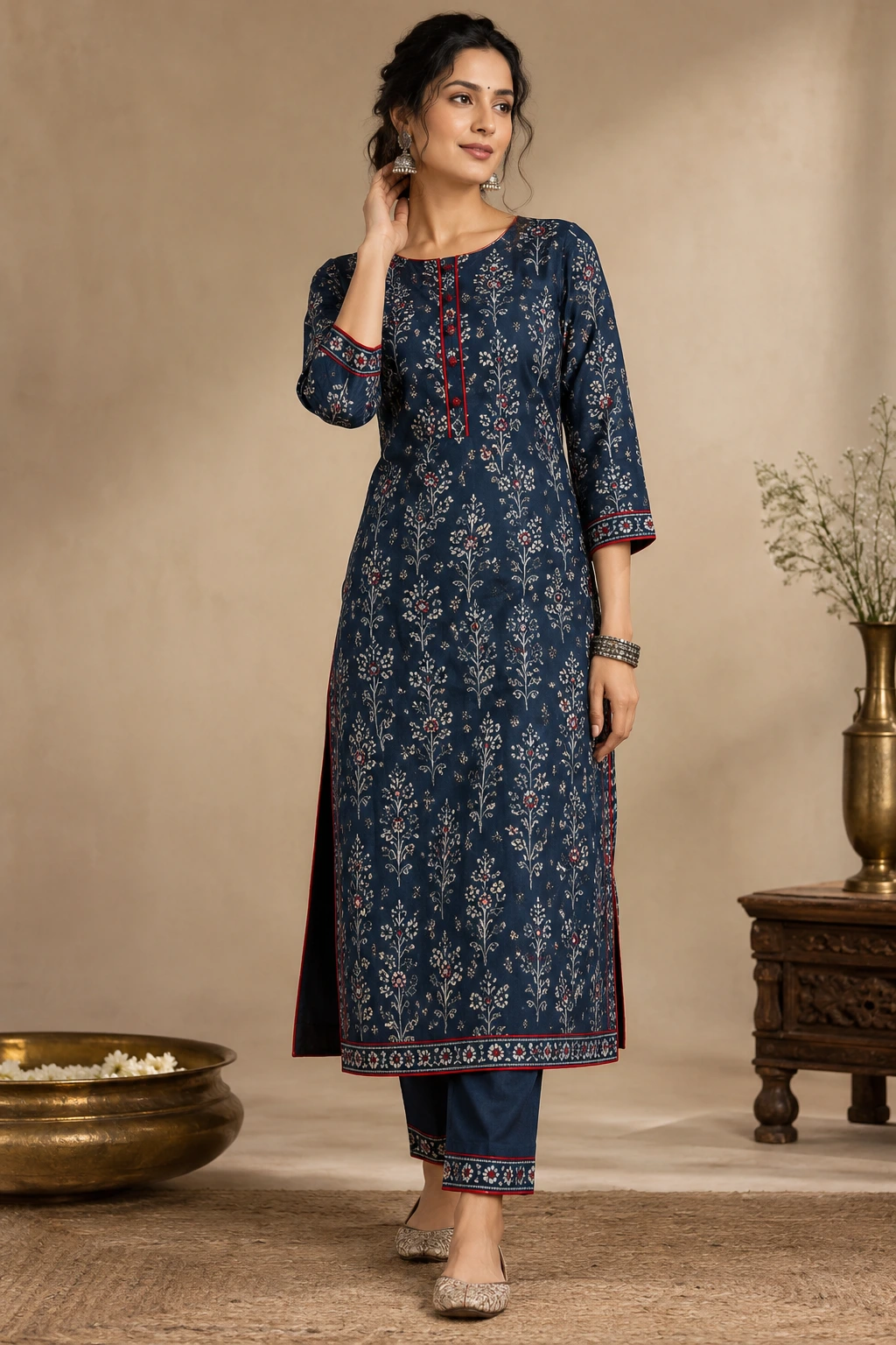 indigo printed straight kurti with red piping