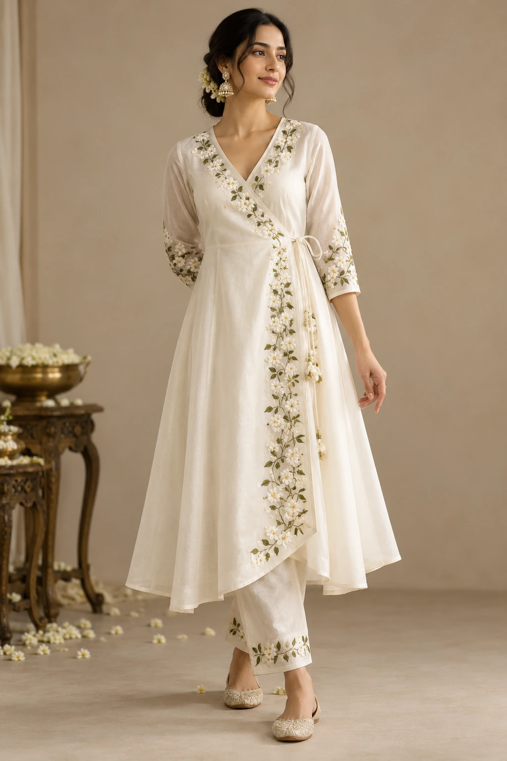 white wrap kurti with jasmine embroidery