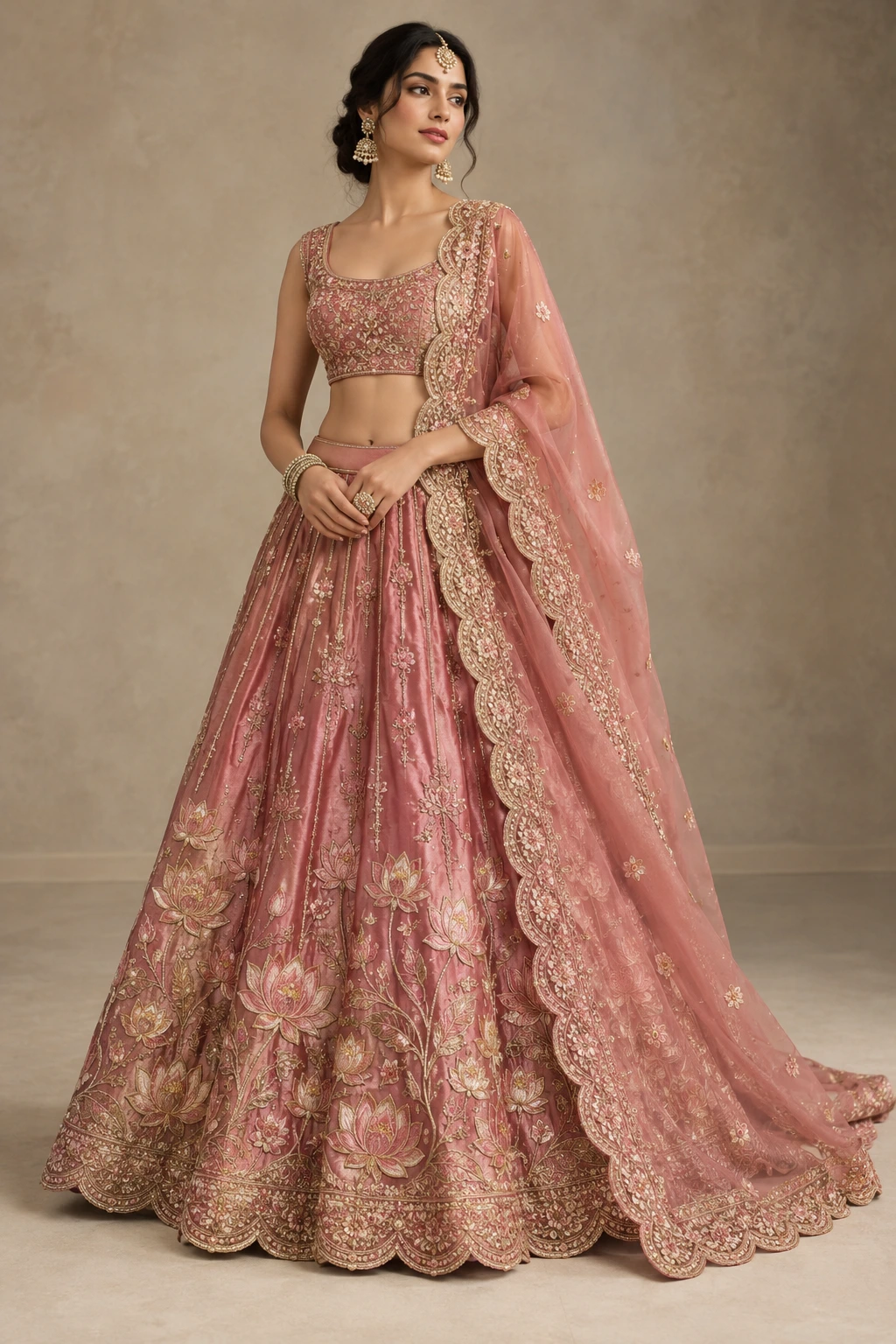 rose silk lehenga with lotus zardozi and scalloped dupatta