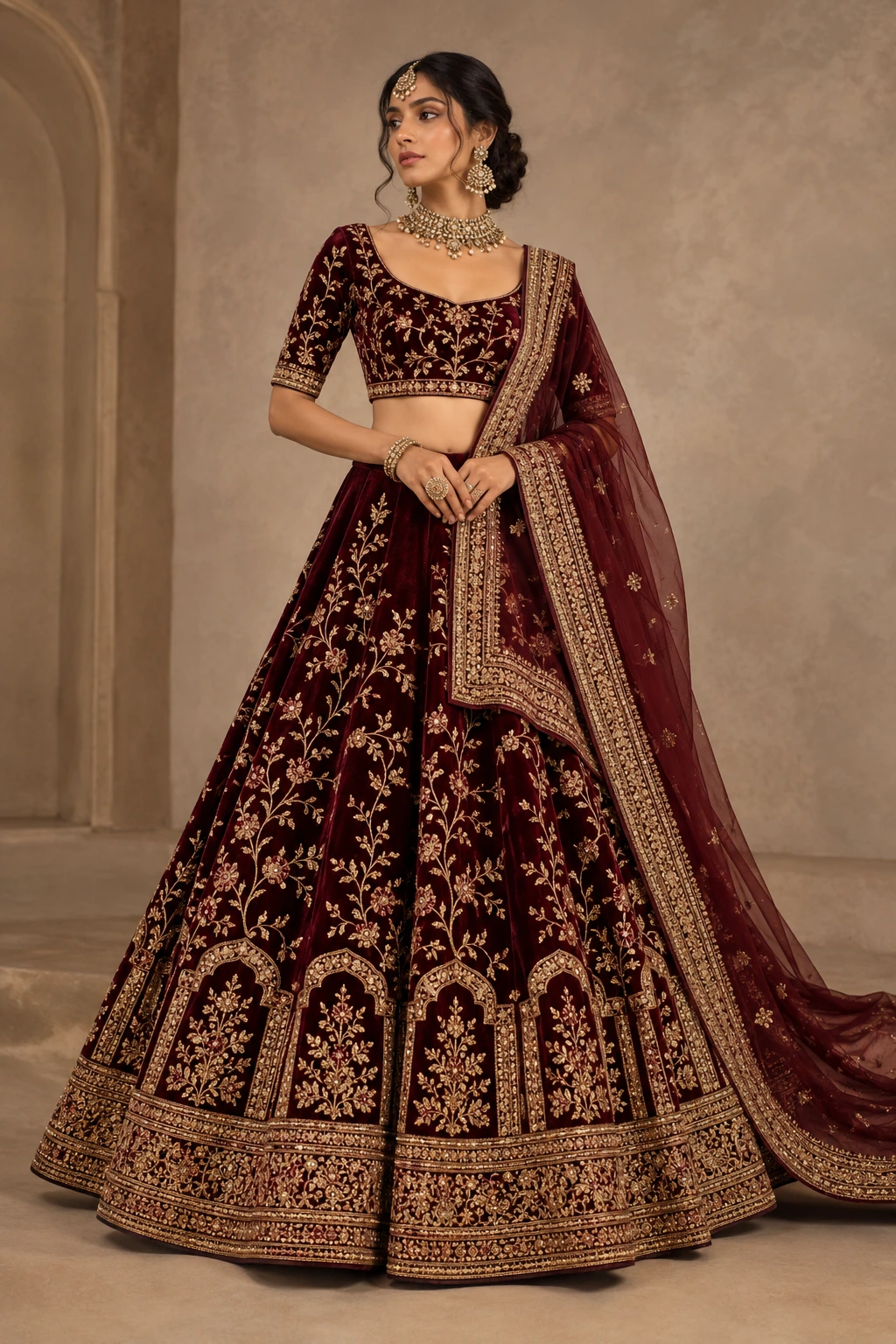 burgundy velvet lehenga with antique gold vines