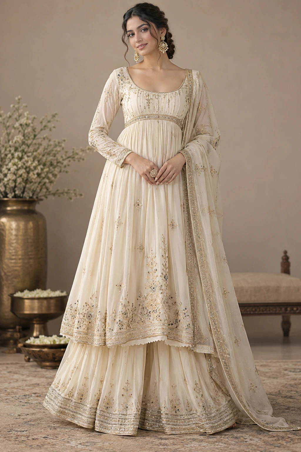 ivory Alia-cut empire-waist kurta with gathered bodice