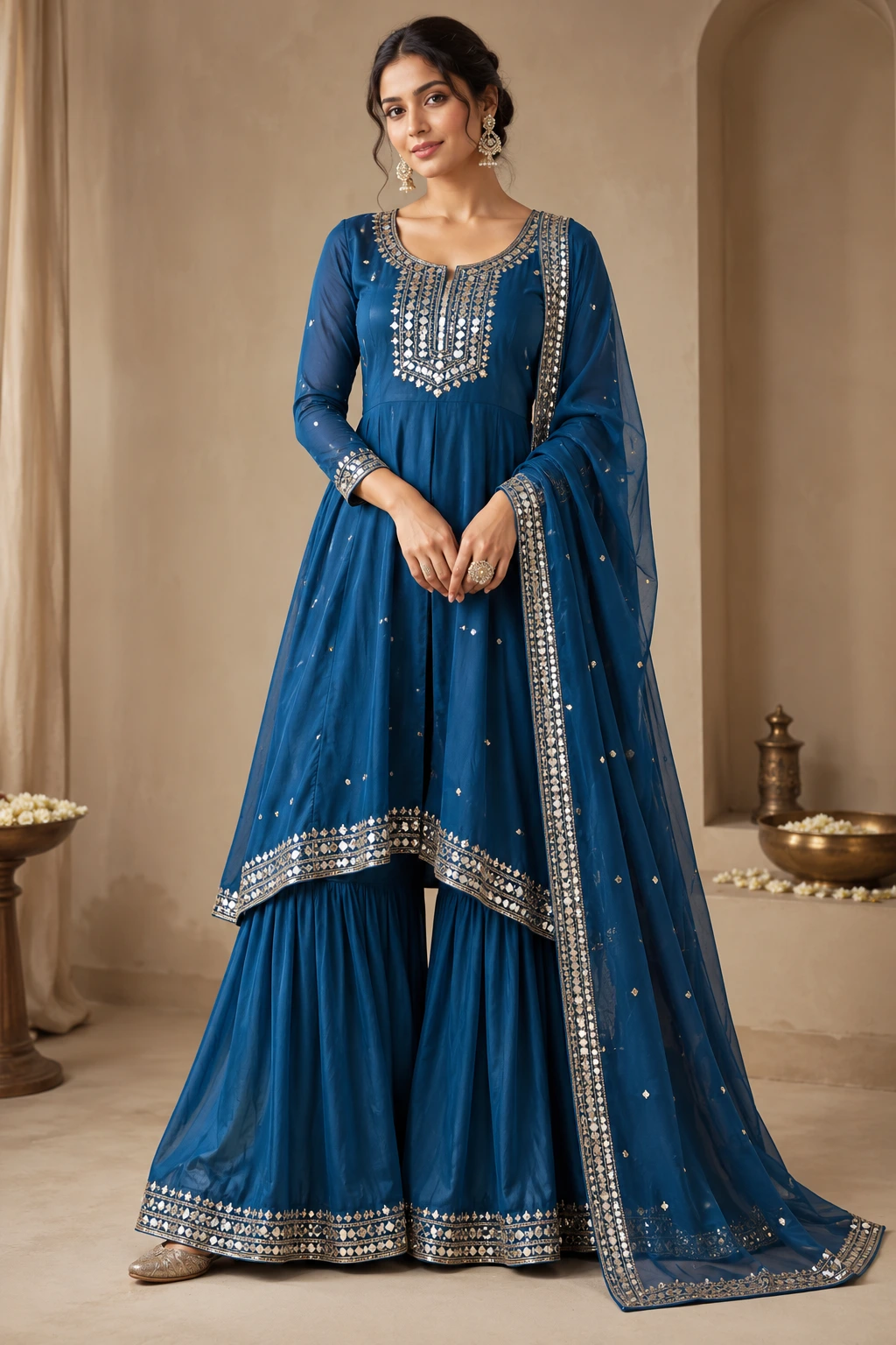blue Naira-cut kurta with mirror neck panel