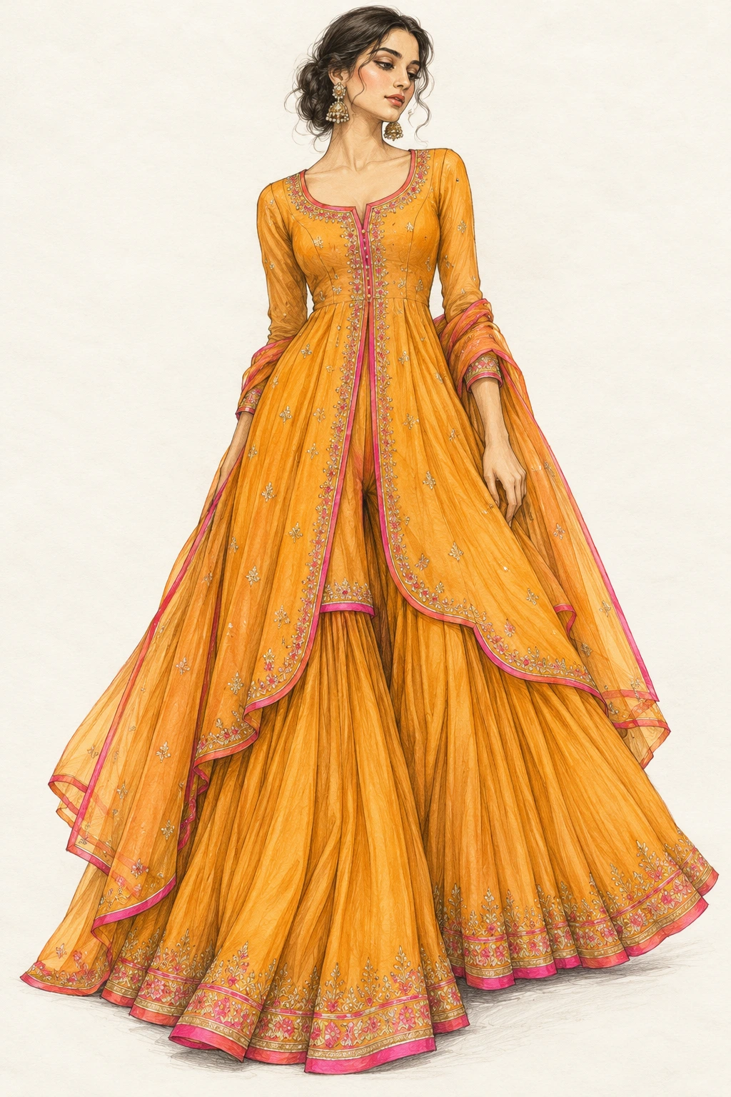 saffron Naira-cut kurta with pink piping