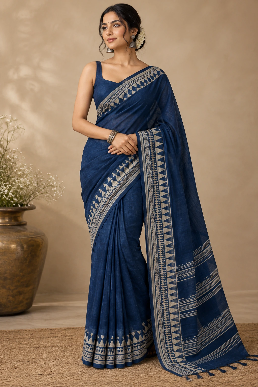 indigo cotton saree with geometric woven border
