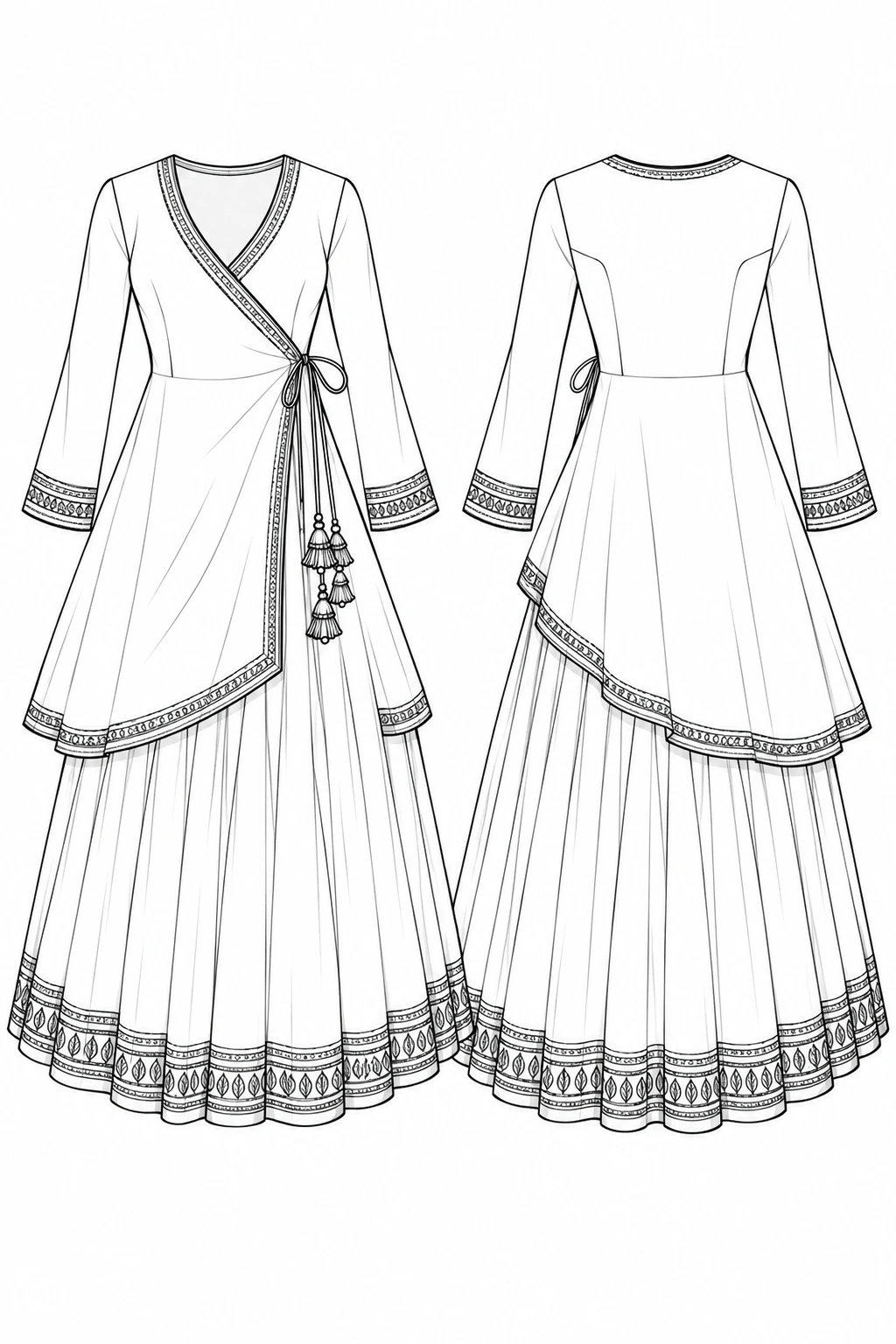 Indian wrap angarkha front and back technical-flat concept