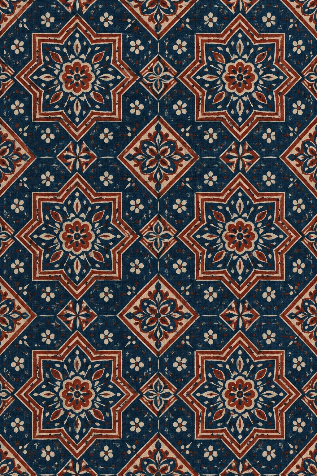 indigo rust eight-point geometric ajrakh-inspired textile print