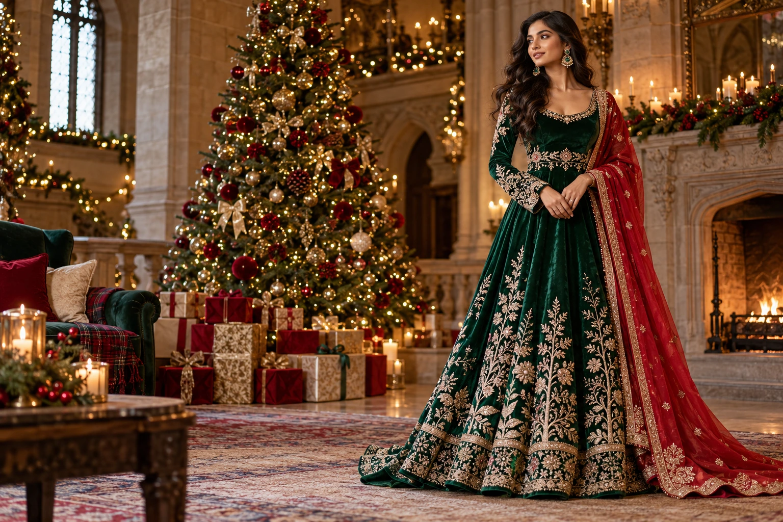 Emerald velvet Anarkali with winter botanical embroidery and a festive scarlet dupatta.