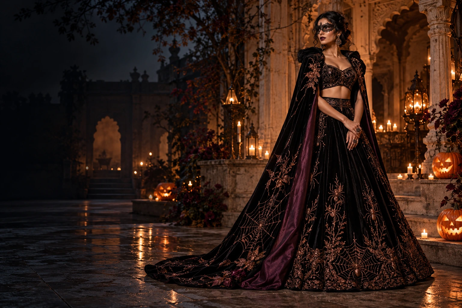 Black velvet lehenga with copper cobweb embroidery and a dramatic plum-lined cape.