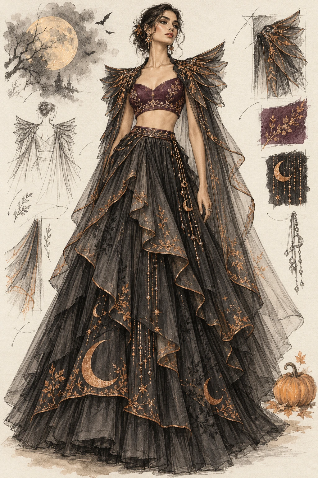 Pencil-and-watercolour-style lehenga study with crescent embroidery and wing-shaped shoulders.