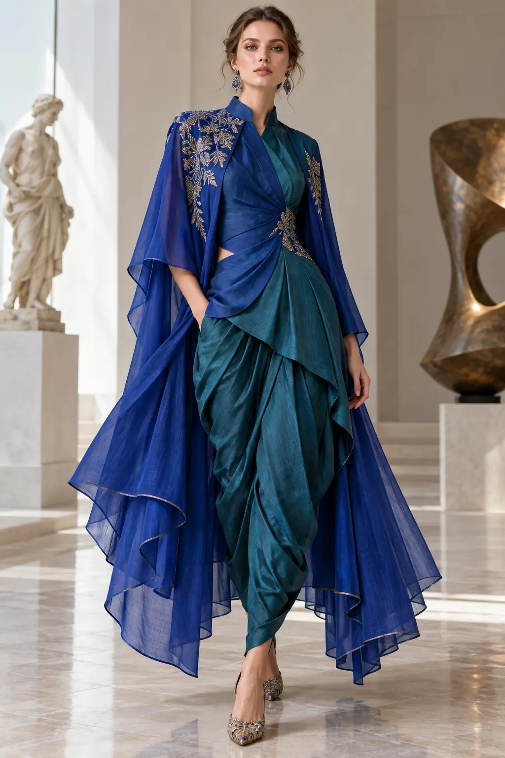 HD AI editorial of modern indigo blue cape ensemble with teal dhoti-style draped trousers