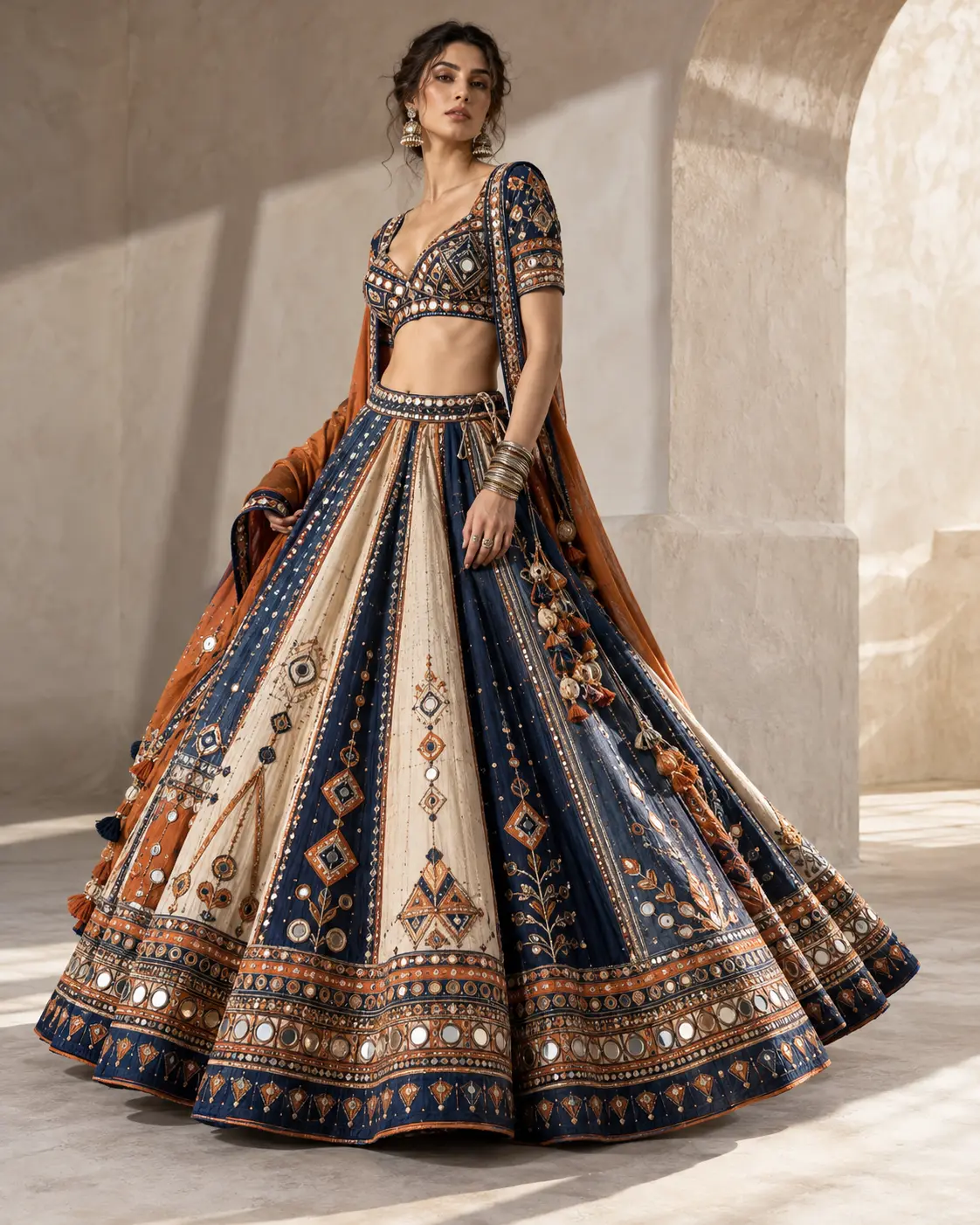 HD AI editorial of indigo and saffron Gujarati mirrorwork chaniya choli with wide swirling skirt