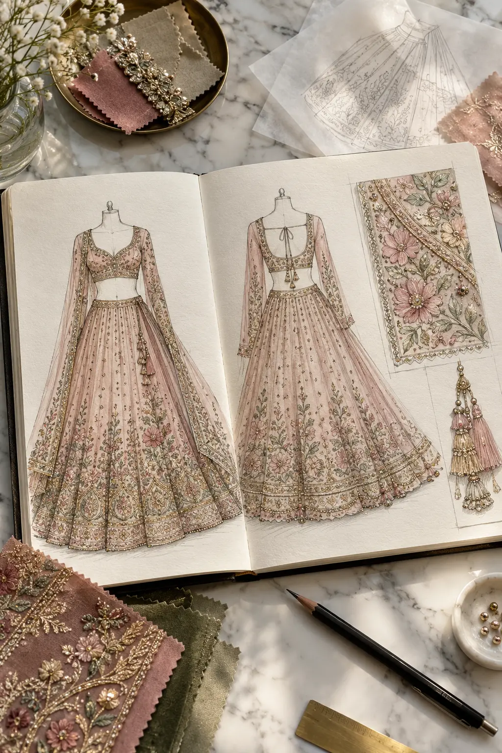 HD editorial photographic flat lay of original embroidered lehenga sketches, pencil croquis and textile swatches