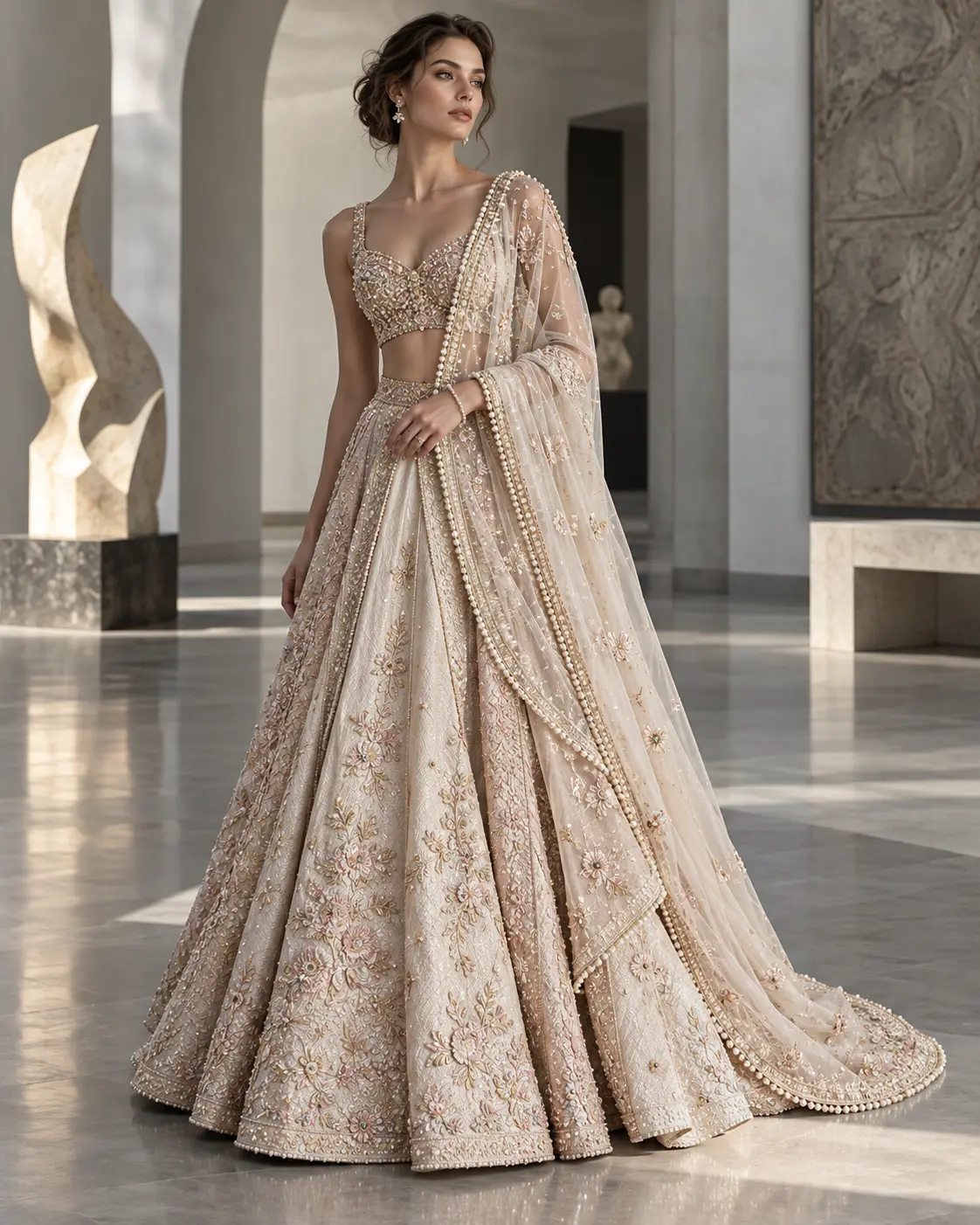 HD AI editorial of ivory bridal lehenga with pearls, pale gold embroidery and asymmetrical sheer drape