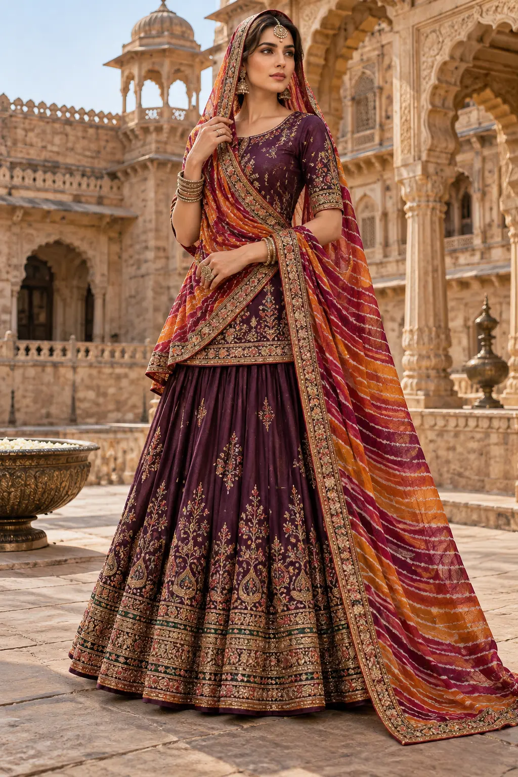 HD AI editorial of plum-coloured Rajputi poshak with patterned leheriya odhni in sandstone heritage setting