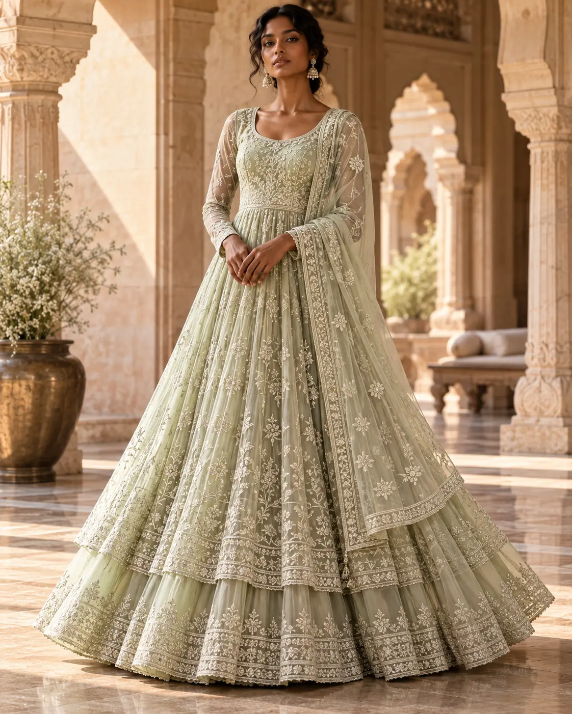 HD AI editorial of layered sage green floor-length Anarkali with tonal floral embroidery